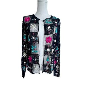 JENNI MAX VTG Silk Rayon Blend Christmas‎ Crochet Embroidered Squares Cardigan M